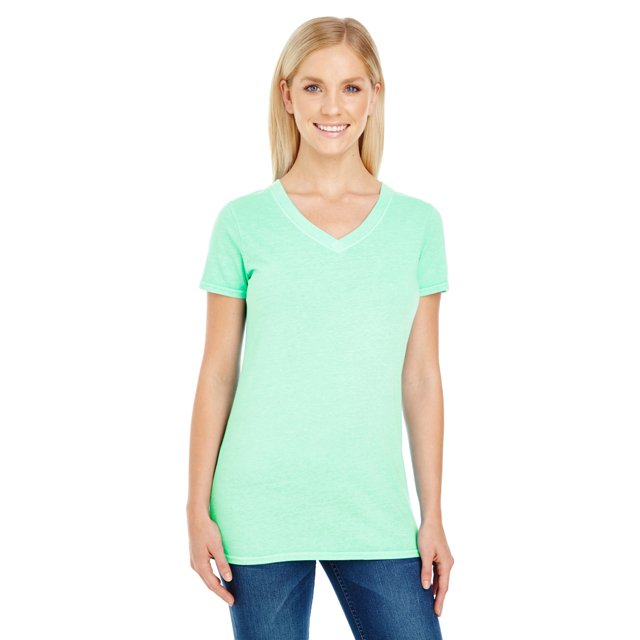 Camiseta de manga corta con cuello de pico y tinte pigmentado para mujer MINT L Ropa resistente al hilo 230B