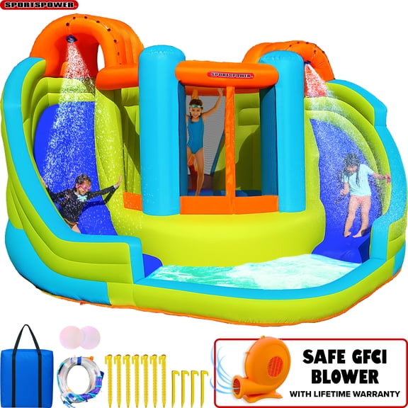 Sportspower Inflatable Water Slide Bounce House with Dual Slides, Splash Pool, Sprinklers, Heavy Duty Blower Included, Outdoor Backyard Water Park for Kids