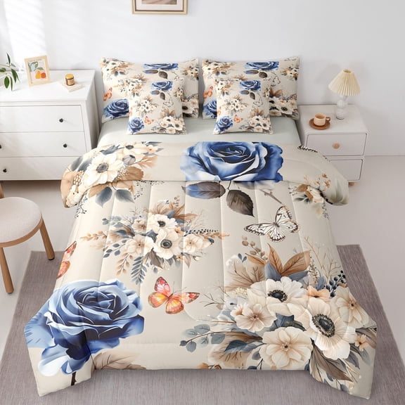 Manfei Adults Female Girls Floral Rose Butterflies Twin Bedding Sets 7-Piece,Spring Garden Bedding Comforter Set Microfiber,Vintage Aesthetics Breathable Sheet Sets,Super Cozy Room Decor,Reversible