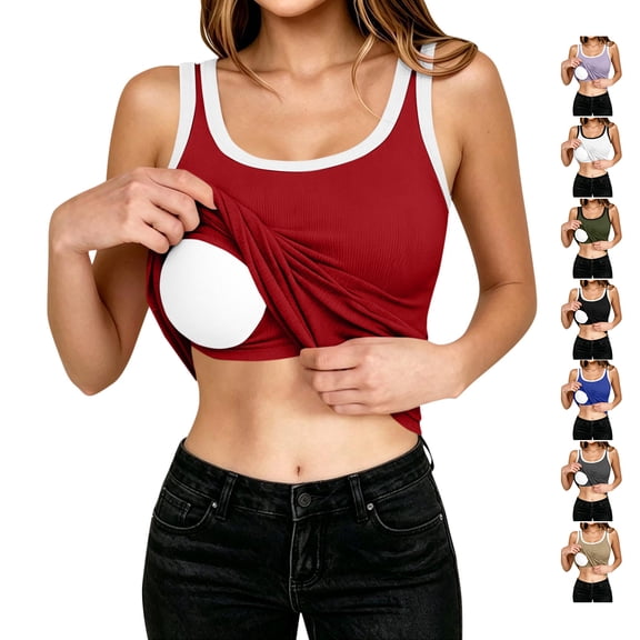 TGSLY Women's Crew Neck Cropped Tank Tops Ribbed Knit Color Block Contrast Trim Sleeveless Vest Athleisure Casual Built in Padded Bra Solid Color Tshirts M