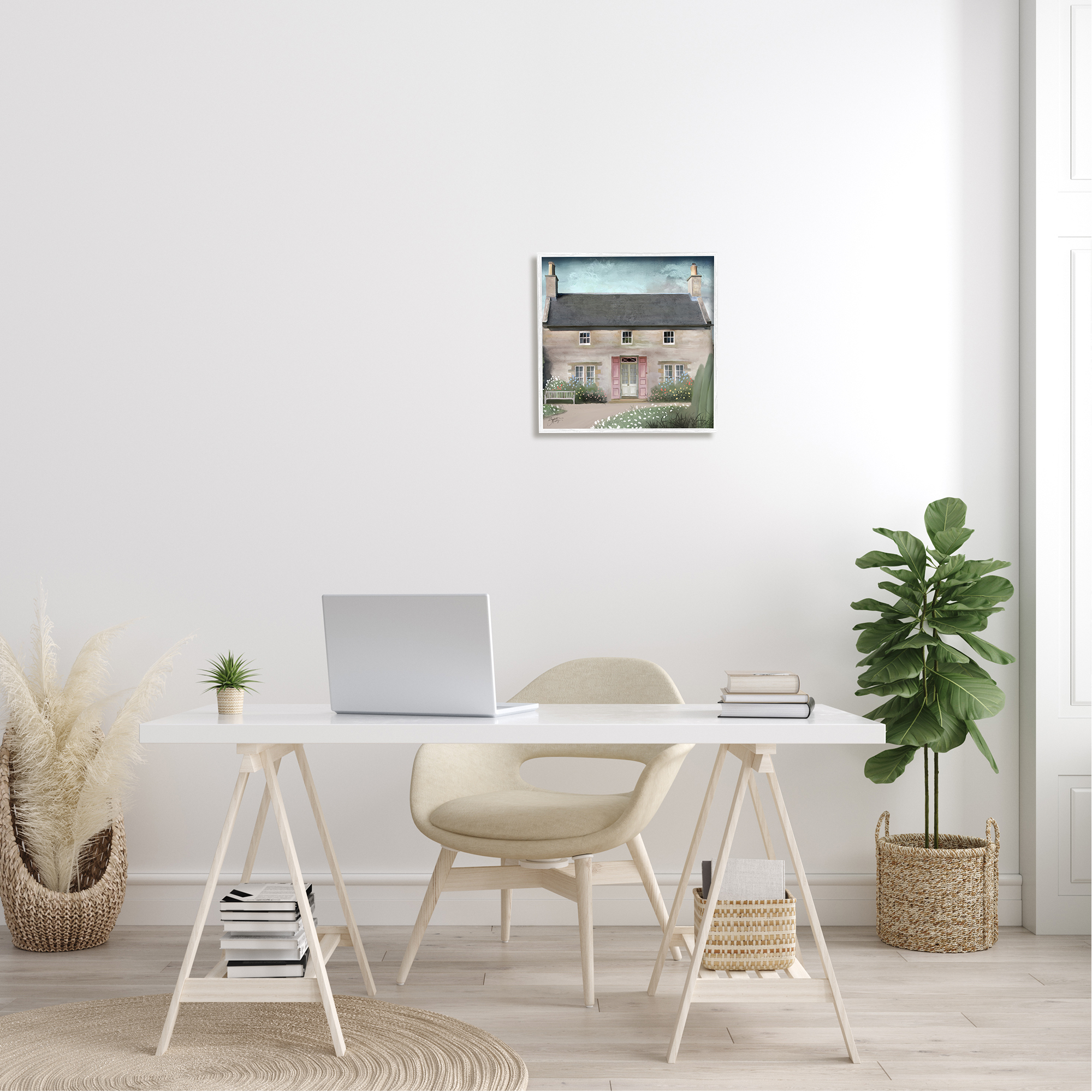 Stupell Industries Peaceful Rural Cottage House Blooming Flower Buds Graphic Art White Framed Art Print Wall Art, Design by Elizabeth Medley