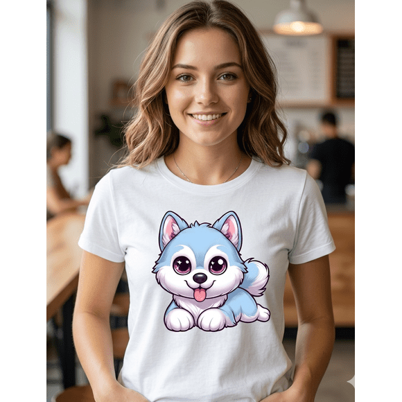Playera Blanca Camiseta Estampada Cachorrito Husky