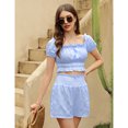 thumbnail image 3 of Women's Two Piece Outfits Square Neck/Off The Shoulder Ruffle Crop Top Frill Trim Shorts Sets, 3 of 5
