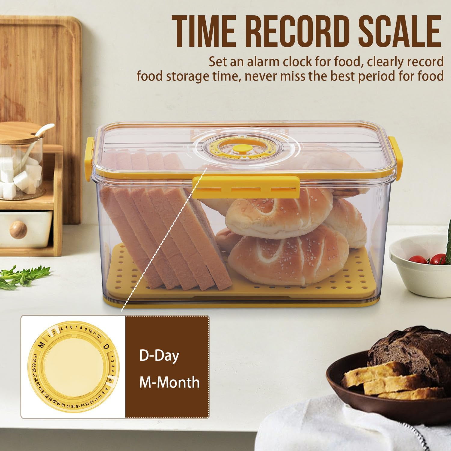 Baodeli Bread Box Bread Boxes for Kitchen Counter Airtight, Time Recording Bread Storage Container with Lid, Bread Keeper for Homemade Bread, Toast, Bagel, Donut and Cookies, Yellow