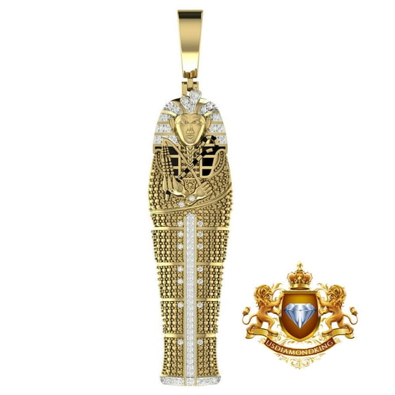 Big 3'' Real Diamond Egyptian Pharaoh King Tut Mummy Charm 10K Gold Over Pendent
