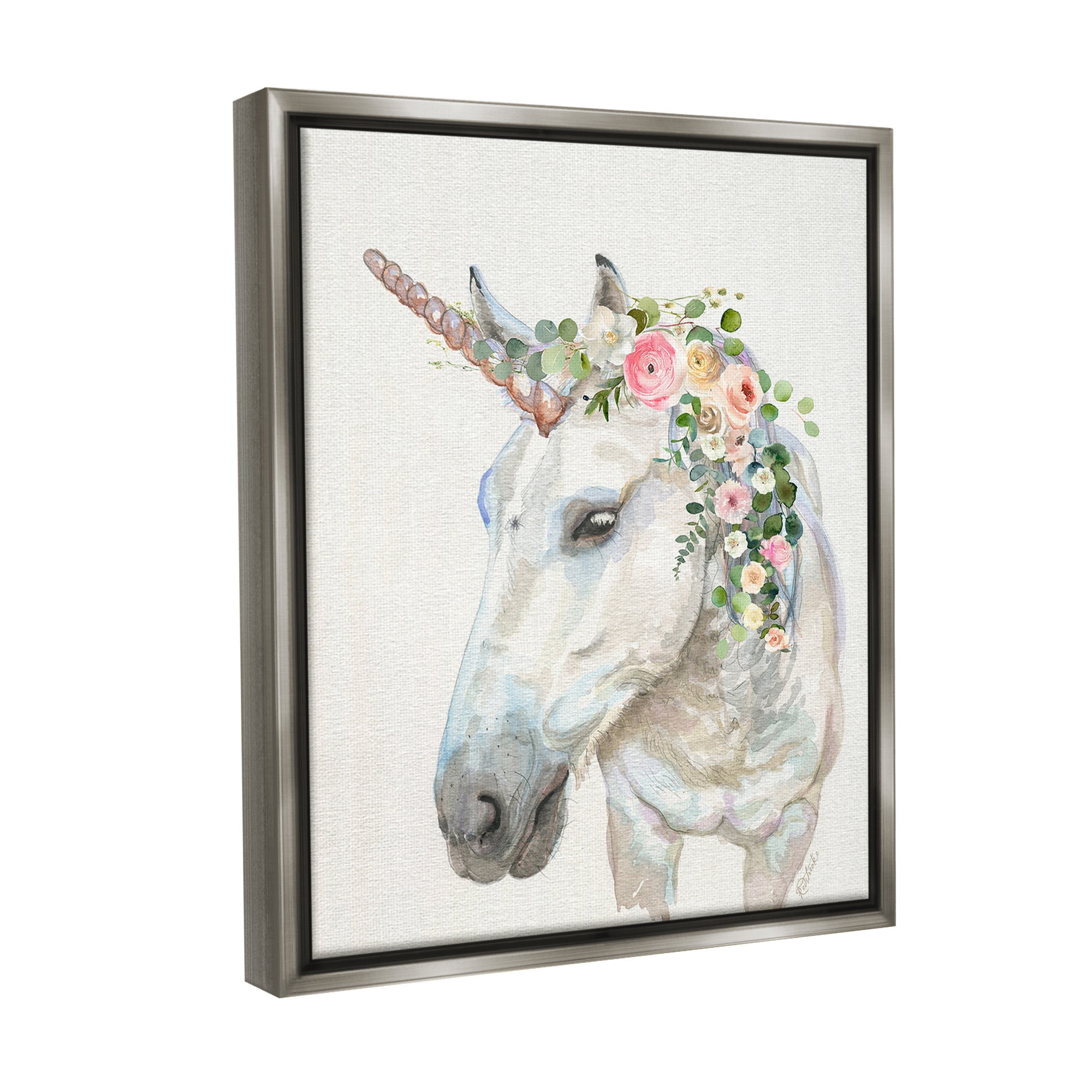 Stupell Industries Unicorn & Flower Garland Fairy Tales & Fantasy Painting Gray Floater Framed Canvas Art Print Wall Art, 25 x 31