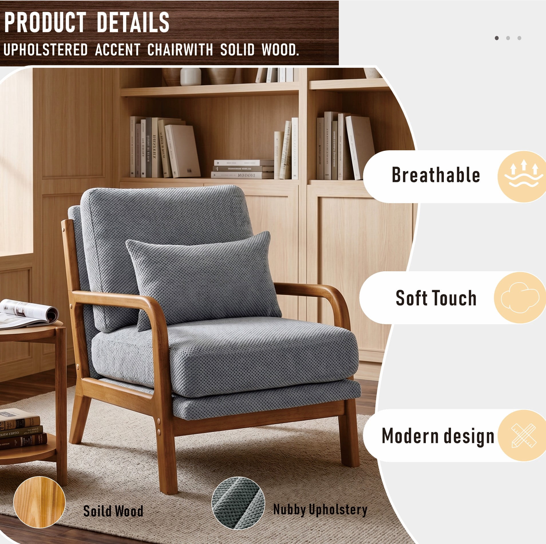 MOONMISS Accent Chair, Reading Club Chair with Pillow for Living Room Bedroom Furniture,Light Gray