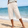 thumbnail image 4 of hoksml Women's Striped Elastic Waist Capri Pants - Cotton Linen Blend with Side Slits and Pockets, 4 of 9