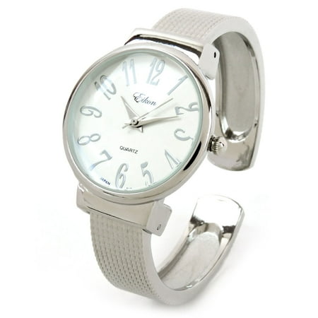 Dial Bangle Bracelet Watch - Silver Mesh Style Band Large Dial Easy to Read Women's Bangle Cuff Watch