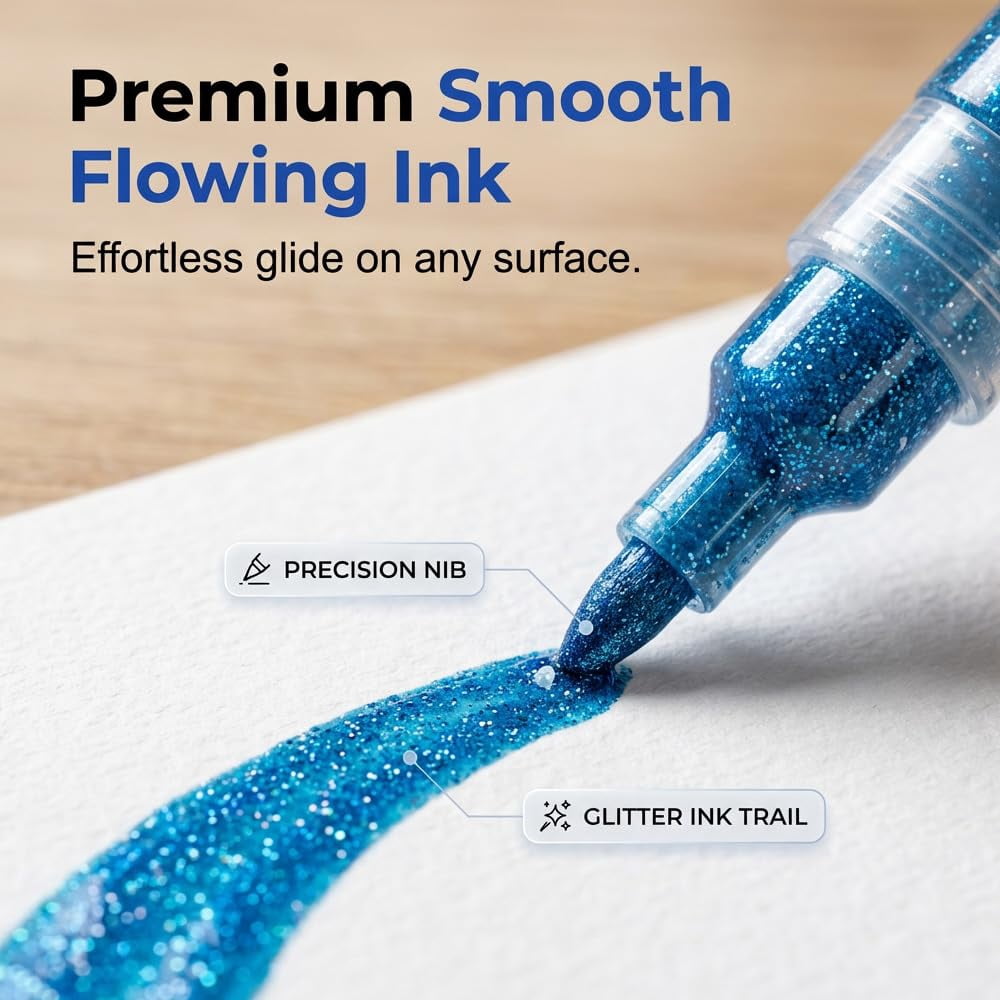 Glitter Acrylic Marker Pens, 0.7mm Fine Tip Sparkly Paint Markers,Shimmer Glitter Pens for Painting,Glass, Ceramic,Wood,Fabric, Stone,DIY Craft, Scrapbooking, Card Making Art Supplies