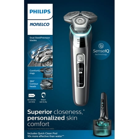 Philips Norelco - 9500 Rechargeable Wet/Dry Electric Shaver with Quick Clean, Travel Case, and Pop up Trimmer - Silver