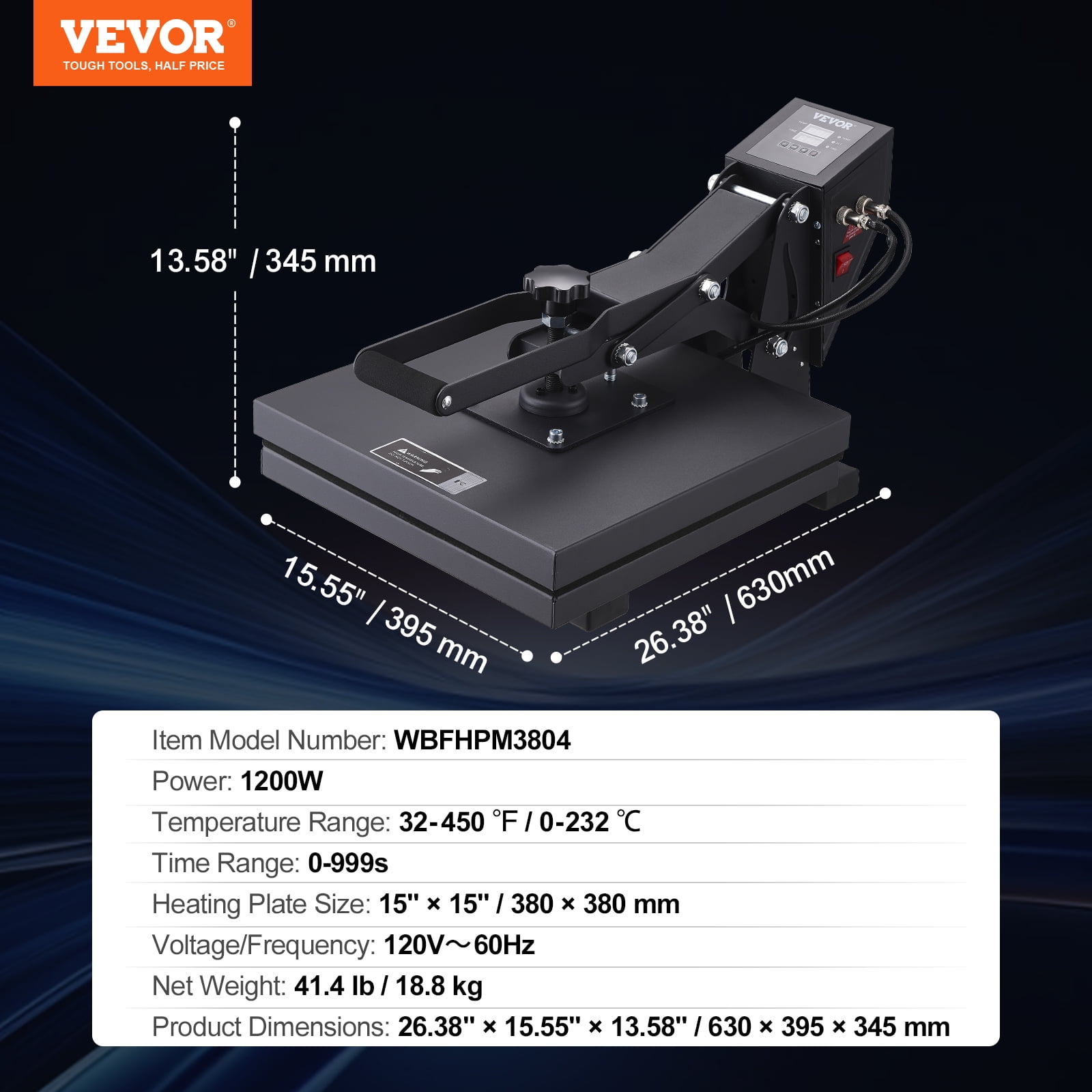VEVOR Heat Press Machine, Clamshell Sublimation Transfer Printer with Teflon Coated, Digital Precise Heat Control, Silica-Gel, 15x15in /38x38cm