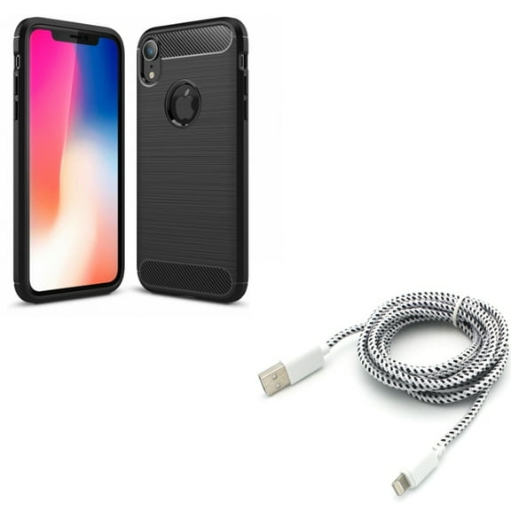 Case w 6ft USB Cable for iPhone XR - Carbon Fiber Slim Fit Cover Reinforced Bumper Shock Absorbent, Charger Cord Power Wire Braided Long Compatible With iPhone XR