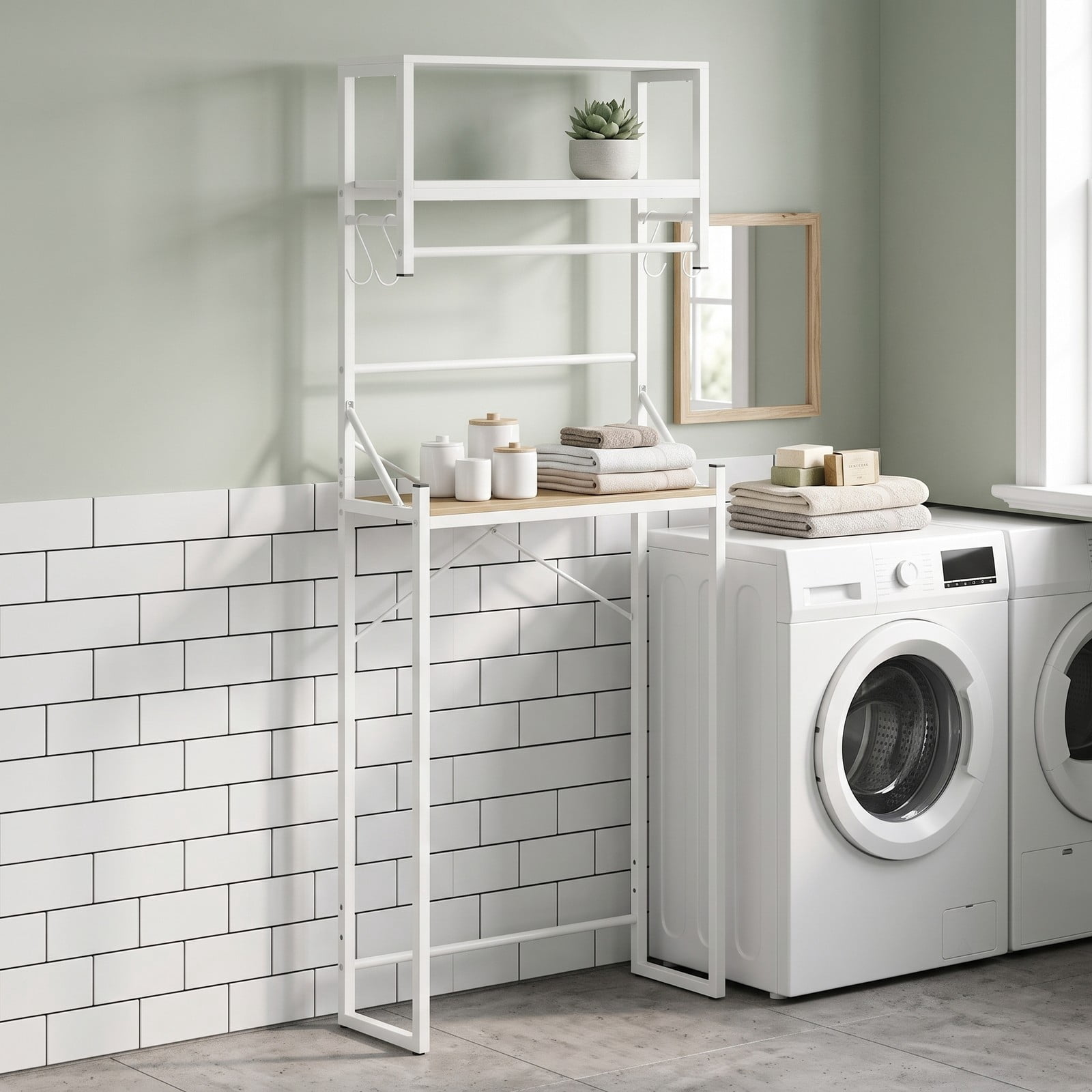 ALPULON Over the Toilet Storage Rack with Open Shelves and Towel Bar for Small Bathroom and Laundry Room Organization, White