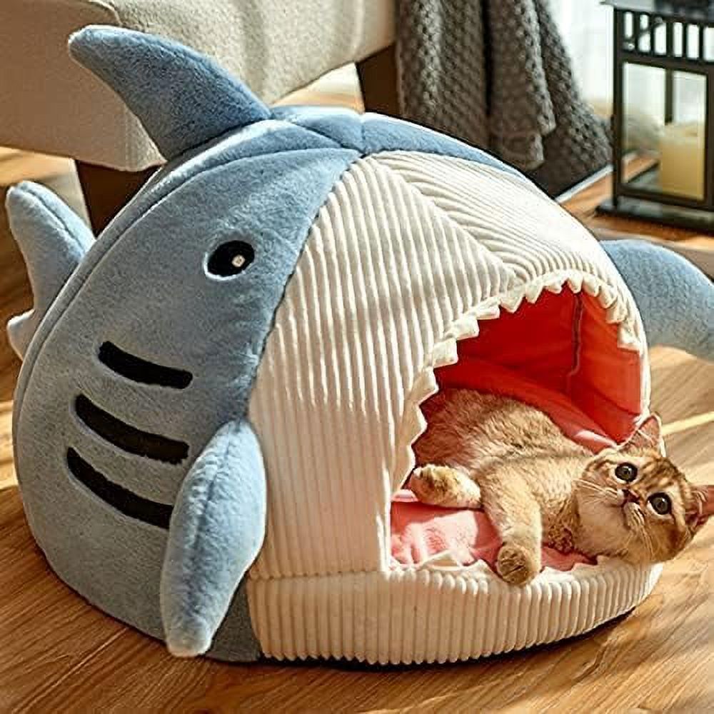 Quixal Shark Shape Large Cat Bed with Removable Washable Pillow, Blue