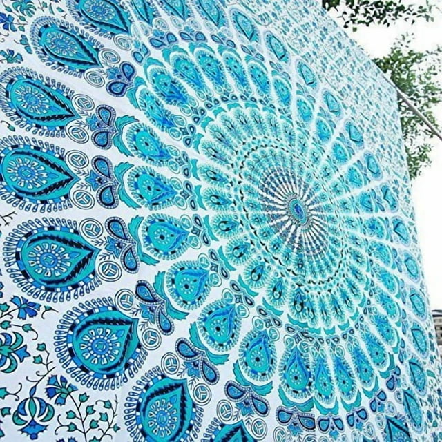 Bless International Hecho a mano indio hippie bohemio psicodélico pavo real mandala colgante de pared dormitorio universitario playa mantas mantel ropa de cama tapiz (pavo real azul cielo doble (54 x