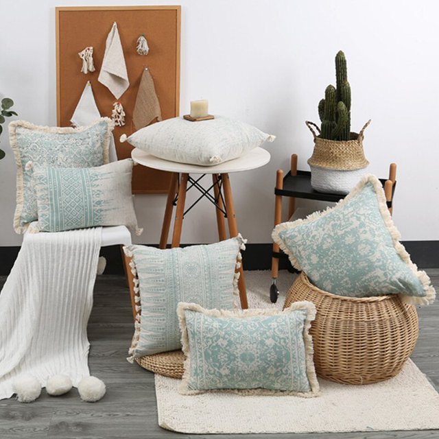 Vintage Pillow Cover Green Cushion Cover Cotton Linen With Tassles for Home Decoration Living Room RetroF He Qiyong unisex