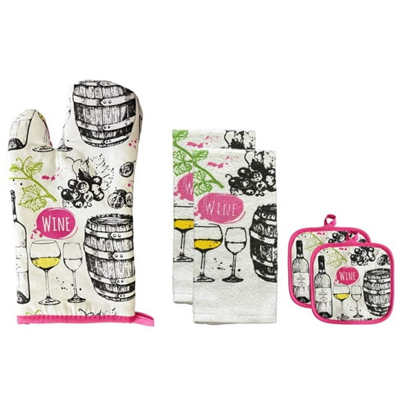 100% Cotton Printed Kitchen Linen Set of 5, Includes 2 Kitchen Towels, 2 Potholder, 1 Oven mitt Kitchen Décor for Cooking, Baking, Barbecue