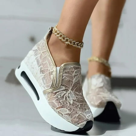 

LBS Ladies Fashion Breathable Lace Mesh Sequin Decoration Thick Sole Comfortable Casual Shoes