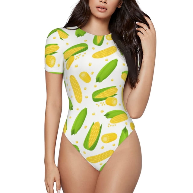 Kdxio Justaucorps à Manches Courtes pour Femmes avec Imprimé de Maïs Cartoon, Col Rond, Modal, Doux, Confortable, Aguichant, Taille Moyenne