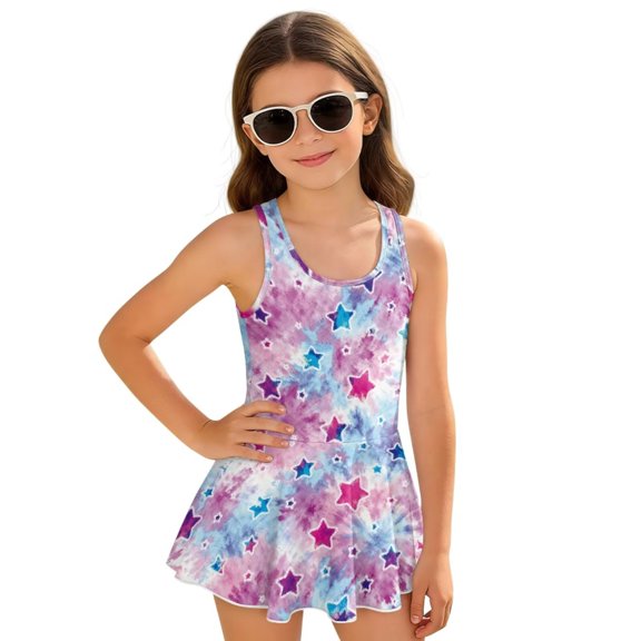Renewold Girl Swimsuit with Shorts 1 Piece Summer Bathing Suit for Easter Sleeveless Cute Soft Swim Dress with Skirt Swimwear Girl Swim Dresses Size 3-4, Star Tie Dye Print