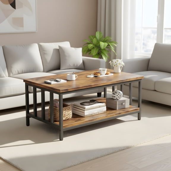 Farmhouse Coffee Table with Storage - Rustic Brown Finish