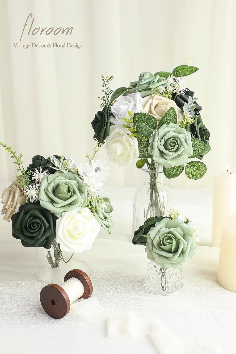 Artificial Flowers 25pcs Real Looking Emerald Green Ombre Colors Foam Fake Roses with Stems for DIY Wedding Bouquets Bridal Shower Centerpieces Sage Green Floral Arrangements Tables Decoration