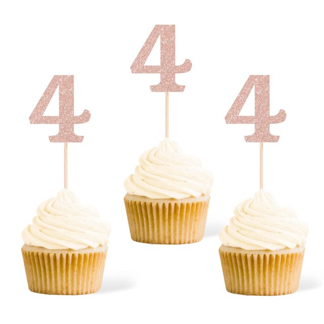 Topper para cupcakes Gexolenu 24 piezas color oro rosa con brillo número 4