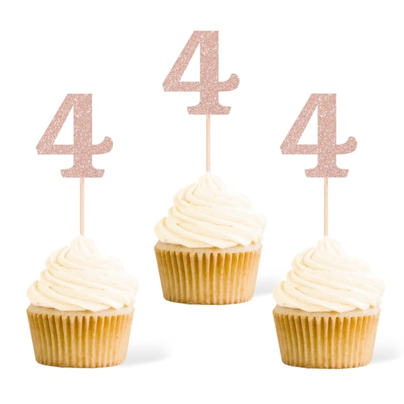 Topper para cupcakes Gexolenu 24 piezas color oro rosa con brillo número 4