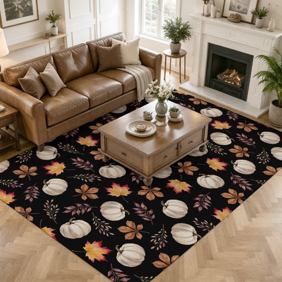Area Rugs 5'x7', White Pumpkins Fall Carpet Runner Indoor Outdoor Rugs Home Decor Aesthetic, Thanksgiving Maple Leaves Black Non Slip Mats Washable Accent Rug for Living Room Bedroom
