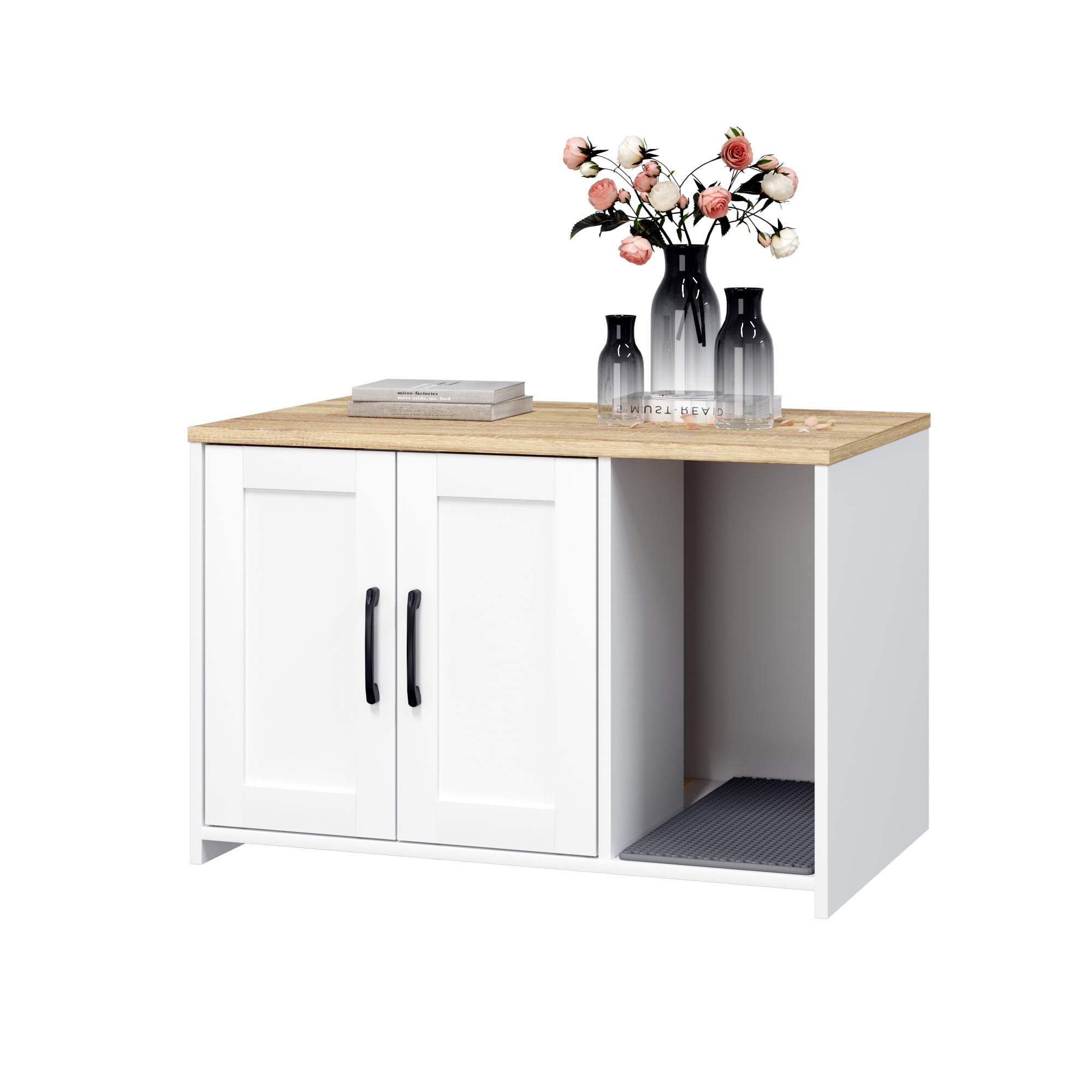 Cat Litter Box Enclosure, Hidden Litter Box Furniture with Divider, Indoor Cat House, Wooden pet House Side Table, for Living Room, Bedroom,White
