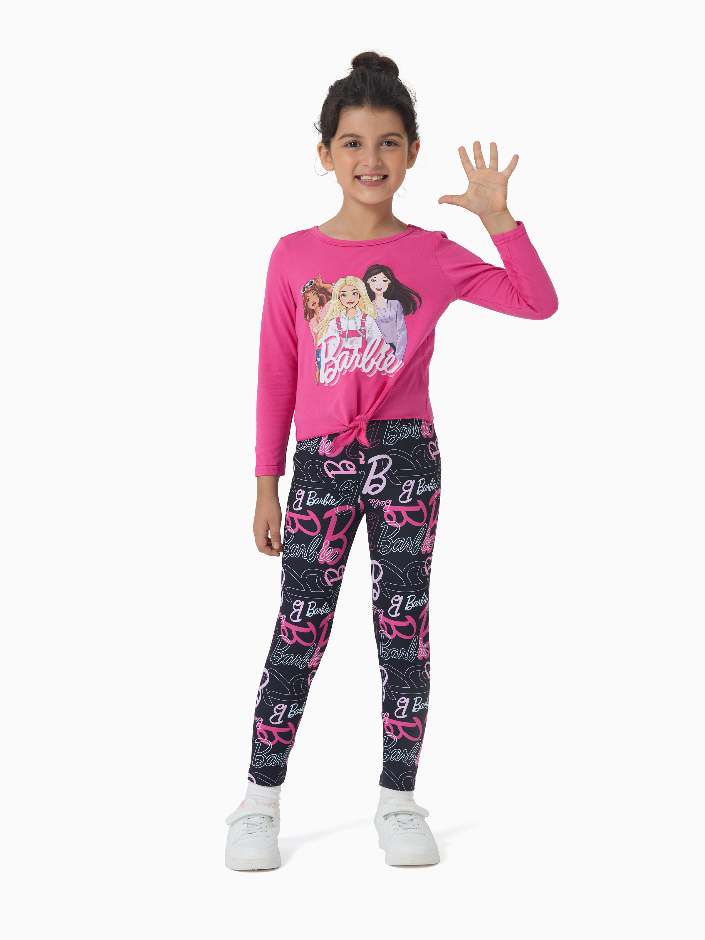 Barbie Girls 2Pcs Pink Outfit Set Long Sleeve Graphic Tee And Logo Print Legging Casual Matching Clothes Sizes 5-12Y