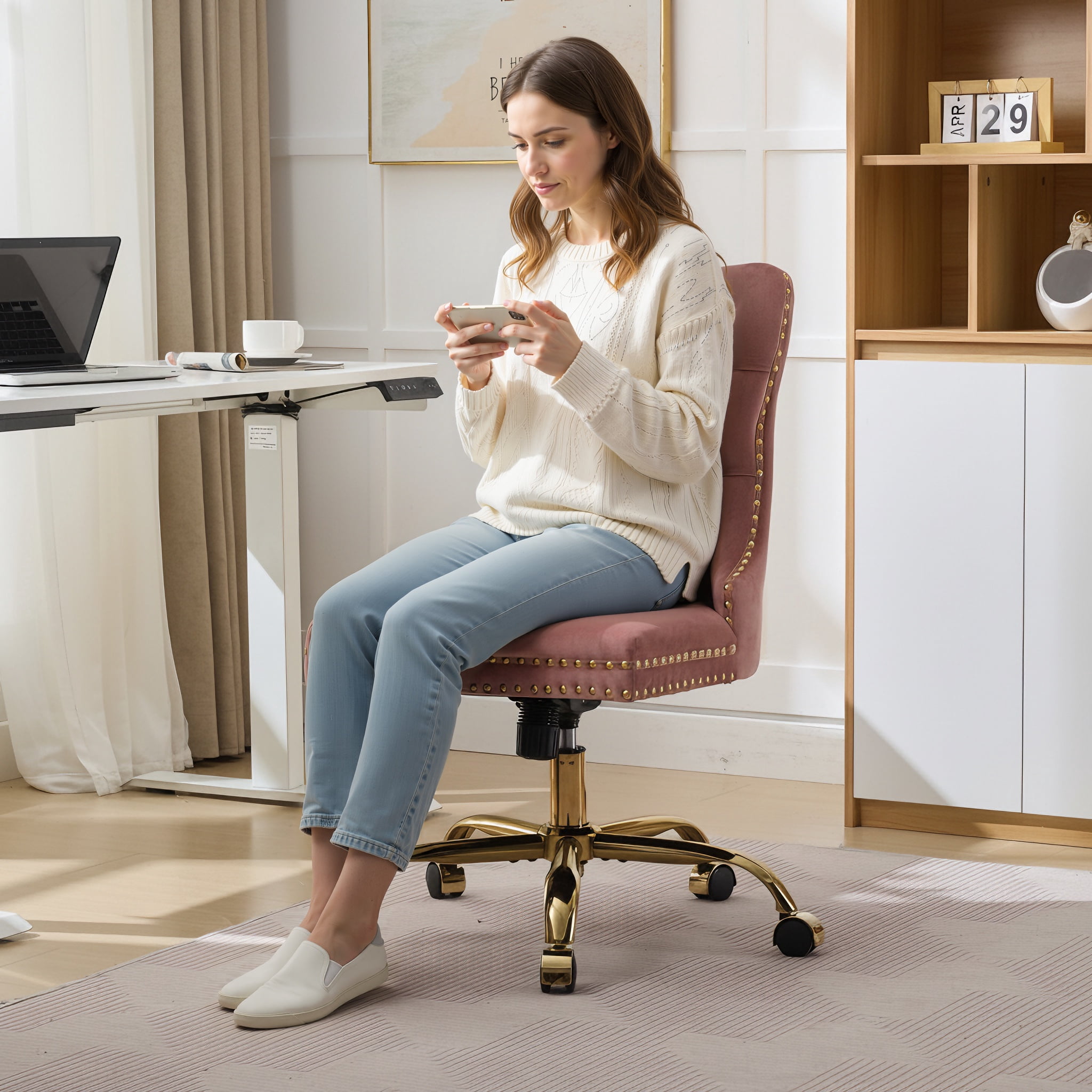 PAPROOS Vanity Chair, Swivel Home Office Chair, Ergonomic Home Desk Chair with Golden Metal Base, Adjustable Height, Velvet Upholstered Tufted Button Task Chair, Pink