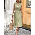 thumbnail image 4 of Green Sleeveless Collared Midi Dress With Belt, 100% Cotton Textured Fit & Flare Style, 4 of 8