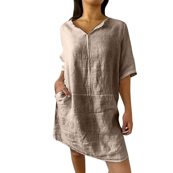 Endives Women's Short Sleeve T-shirt Cotton Linen Dresses Summer Elegant V Neck Casual Plain Beach Shirt Dress