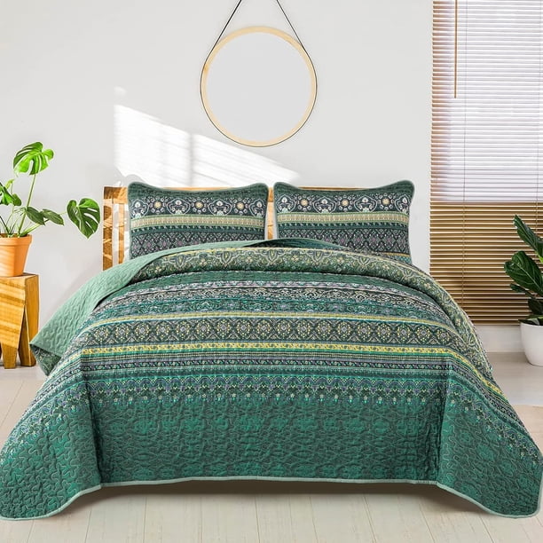 Colcha WONGS BEDDING Boho, tamaño completo, microfibra verde, 200 x 230 cm