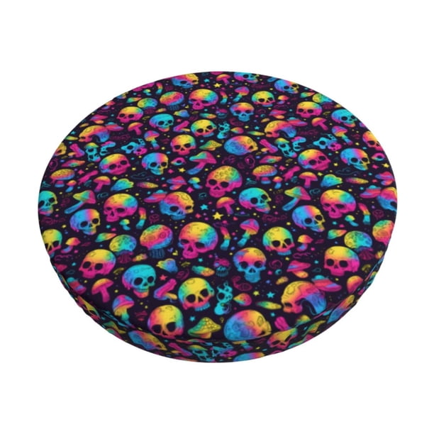 Disketp Skull rainbow color mushroom Funda Redonda para Taburete, Funda de Cojín para Silla de Bar Suave y Elástica-14 inch