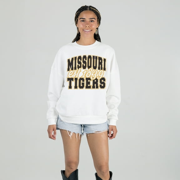 Women's Gameday Couture White Missouri Tigers Oversized Faded Formation Premium Fleece Sweatshirt