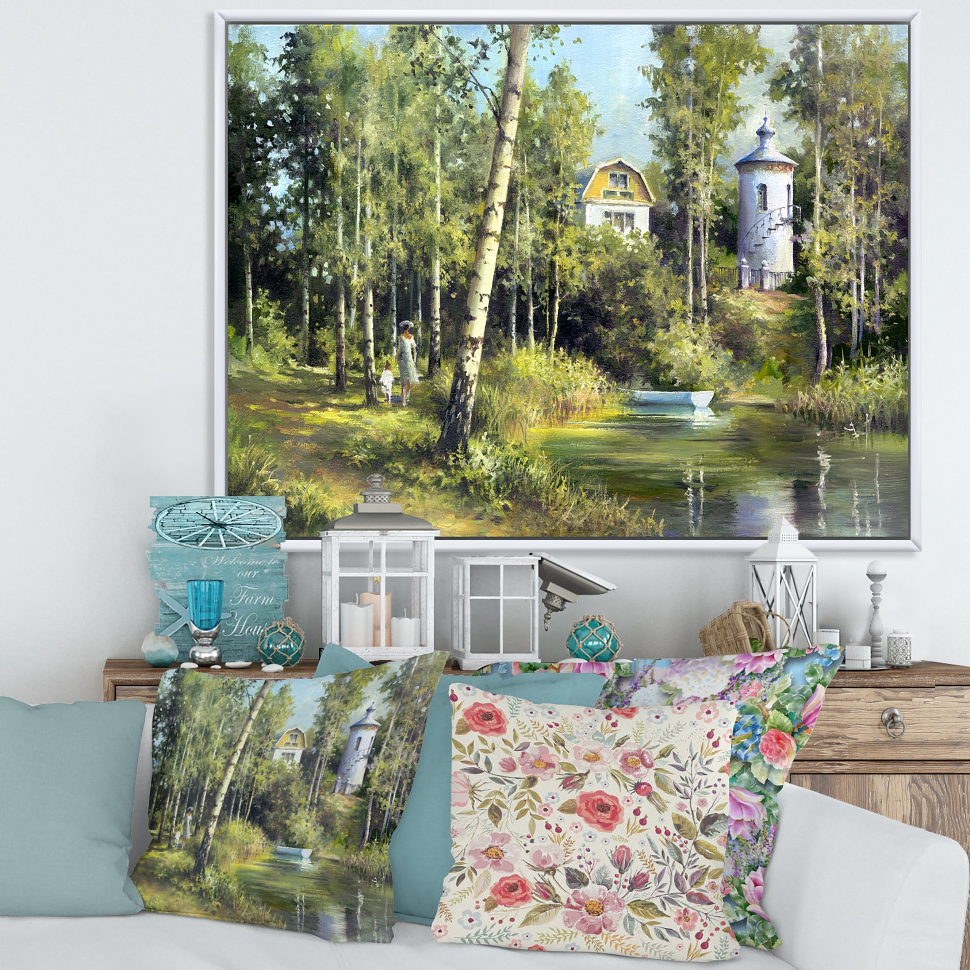 Designart 'The Wood River With Boat On A Decline By The Castle' Lake House Framed Canvas Wall Art Print