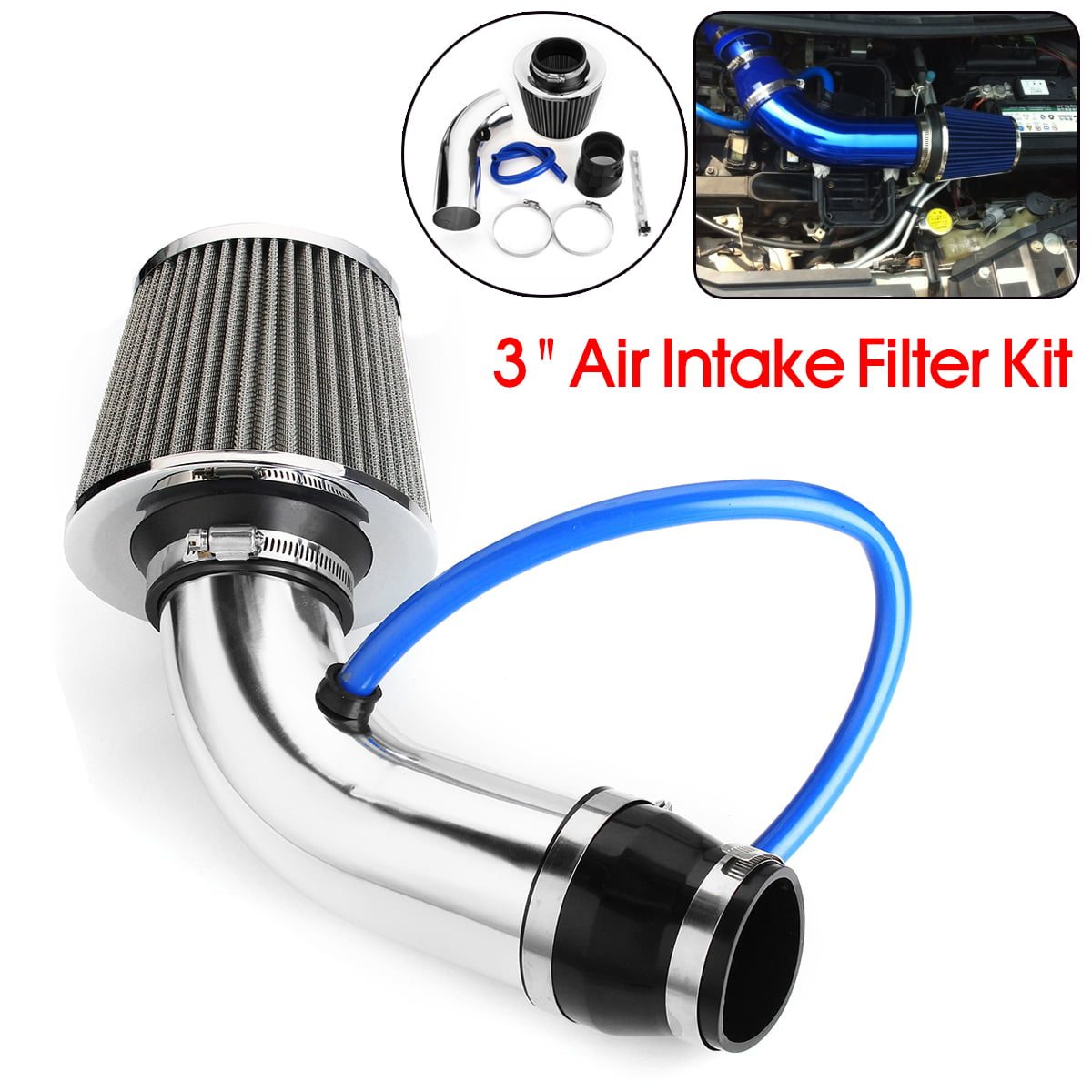Blue F Fityle Easy To Installtion 3 Inch Car Cold Air Intake Filter Induction Pipe Hose System Kit 