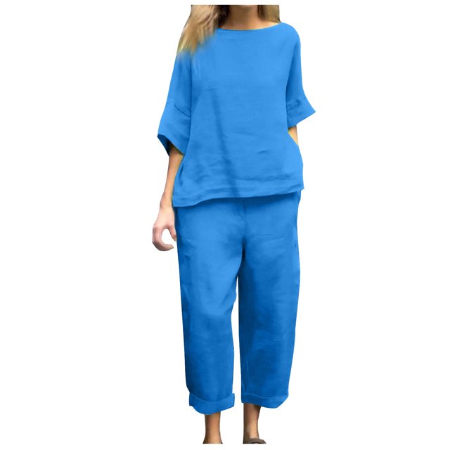 Timegard Ensemble 2 Pcs Grande Taille pour Femmes Manches 1/2 Col Rond Hauts Décontractés Pantalons Courts Amples avec Poches