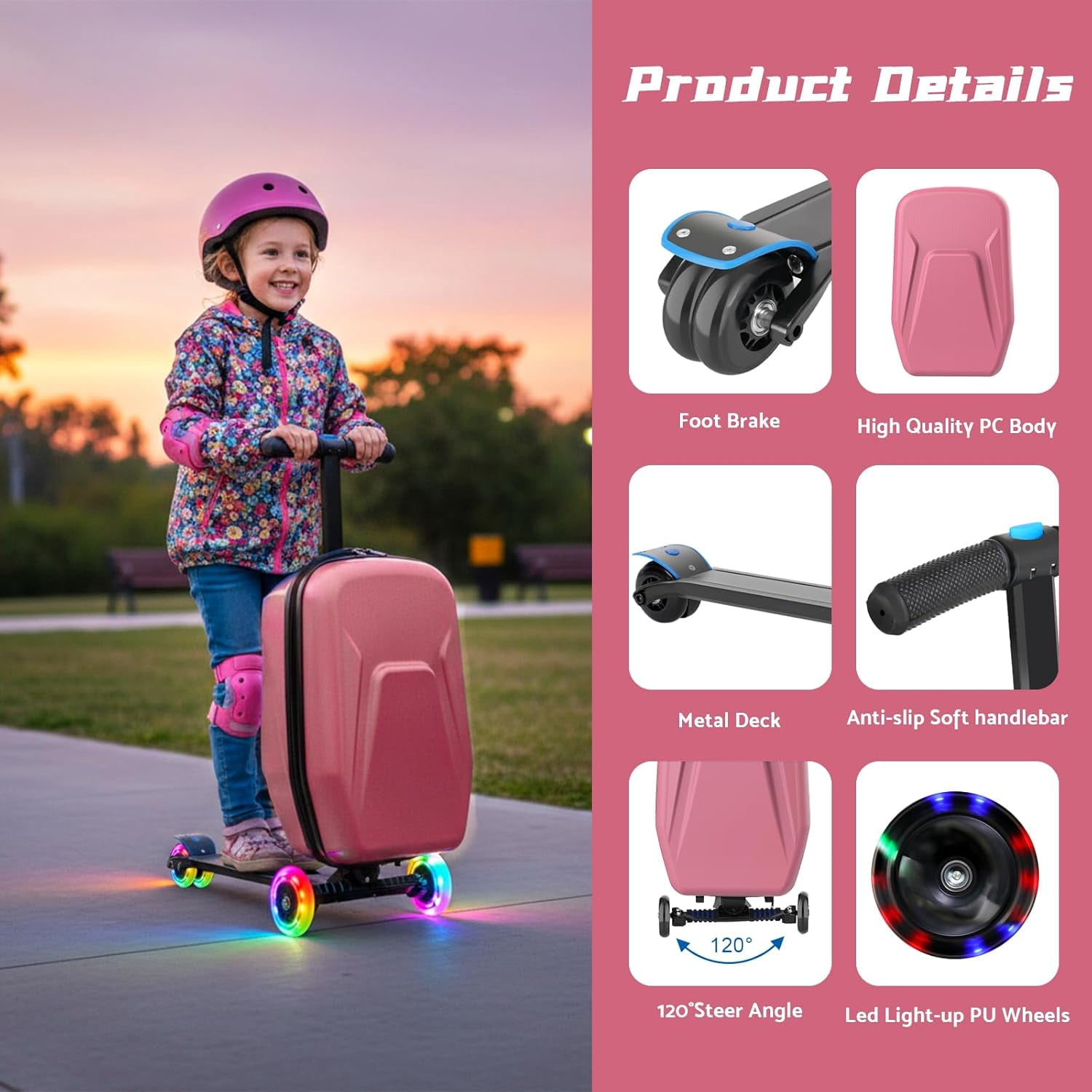 20" Hardshell Scooter Suitcase for Kid & Adult Foldable 2 in 1 Ride on Carry on Travel Trolley Scooter Luggage With Wheels Pink