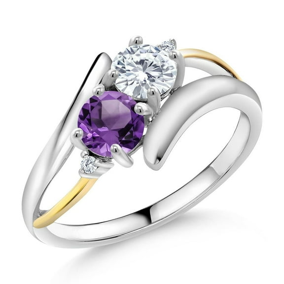 Gem Stone King 925 Silver and 10K Yellow Gold White Moissanite and Purple Amethyst and White Moissanite 2-Stone Crossover Ring for Women (1.00 Cttw, Size 7)