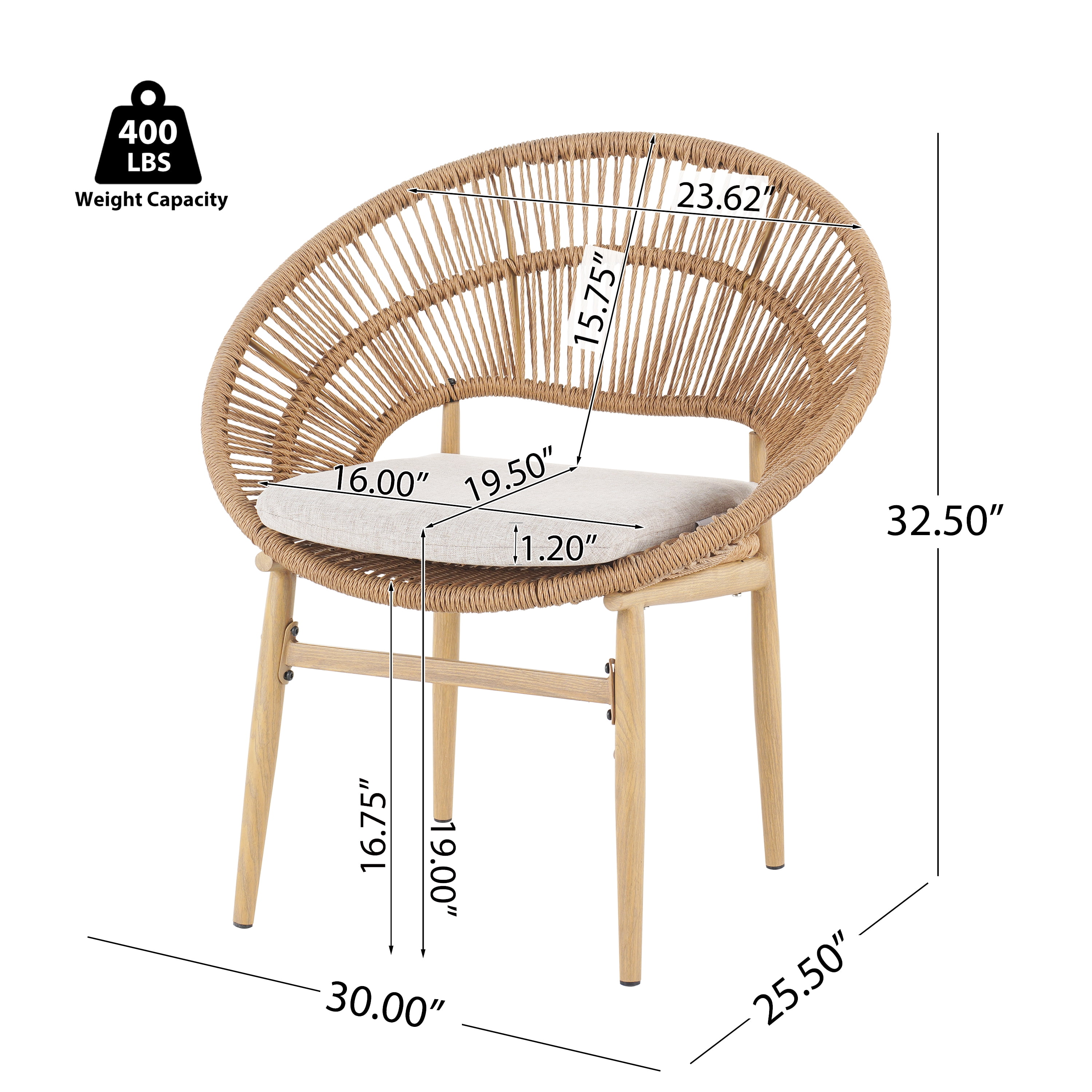 Dining Chairs, Set of 2 Outdoor Papasan Style Dining Chairs PE Wicker With Teak Finish Iron Legs And Beige Cushion, For Patio Dining, Light Brown Beige