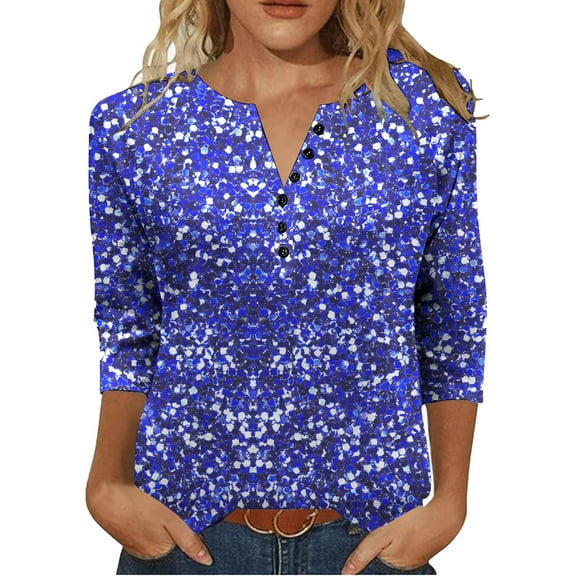 Enjoytime Women's Winter Tops Vintage Print V-Neck Button Down Shirt Business Plus Size Clothing Casual 3/4 Sleeve Blouses for Women Blue L