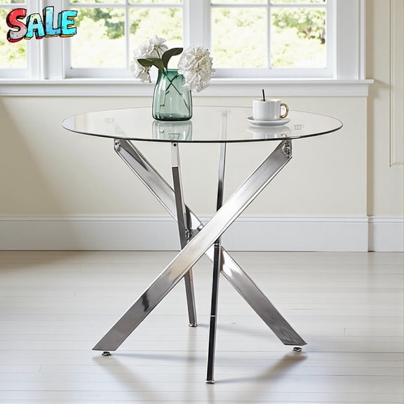 Tcbosik 35.4-Inch Round Dining Table for 4, Modern Clear Glass Kitchen Table with Silver Metal Legs, Contemporary Circle Dining Room Leisure Tables for Dining Area & Living Space