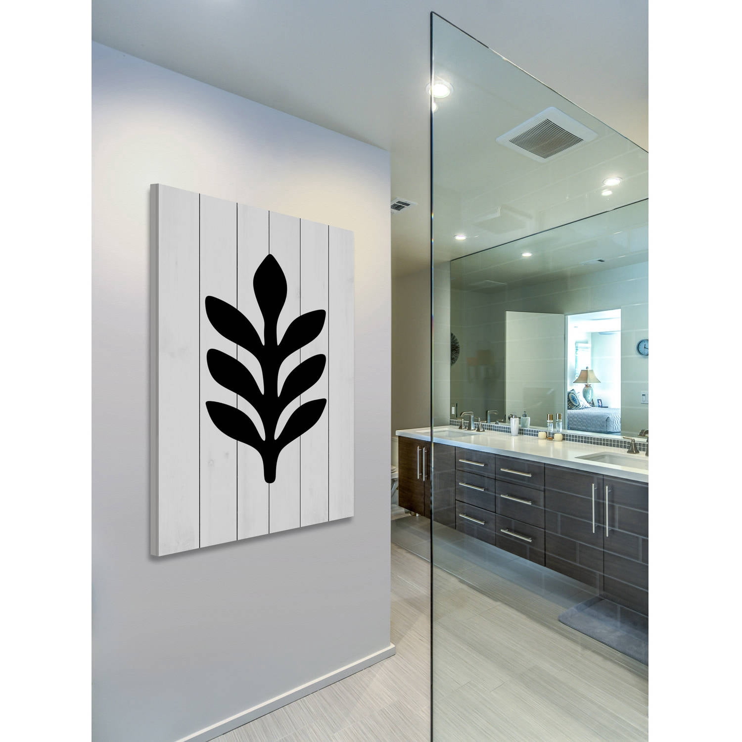 "Black Leaf 2" Painting Print on White Wood