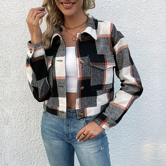 Baqcunre Winter Coats For Women Women'S Long Sleeve Plaid Shirt Outerwear Turndown Collar Tops Buttons Casual Blouses Womens Shirts Fall Outfits For Women 2023 Black L