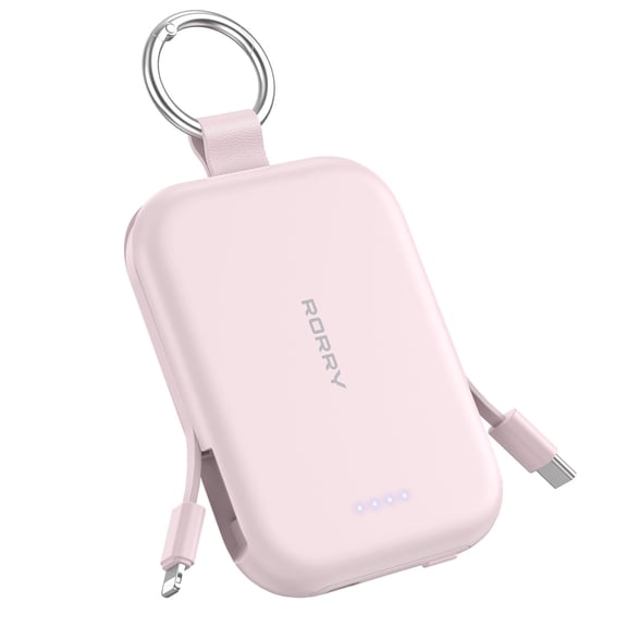 RORRY 5000mAh Portable Charger Power Bank with Built-in Cables, Mini Keychain Charger Battery Pack for iPhone, Android, Samsung, and More – Compact Travel Power Bank, Pink