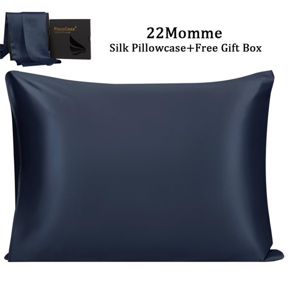 PiccoCasa 1 Pc 22 Momme Pure Silk Pillowcase, Envelope Course, Standard Navy
